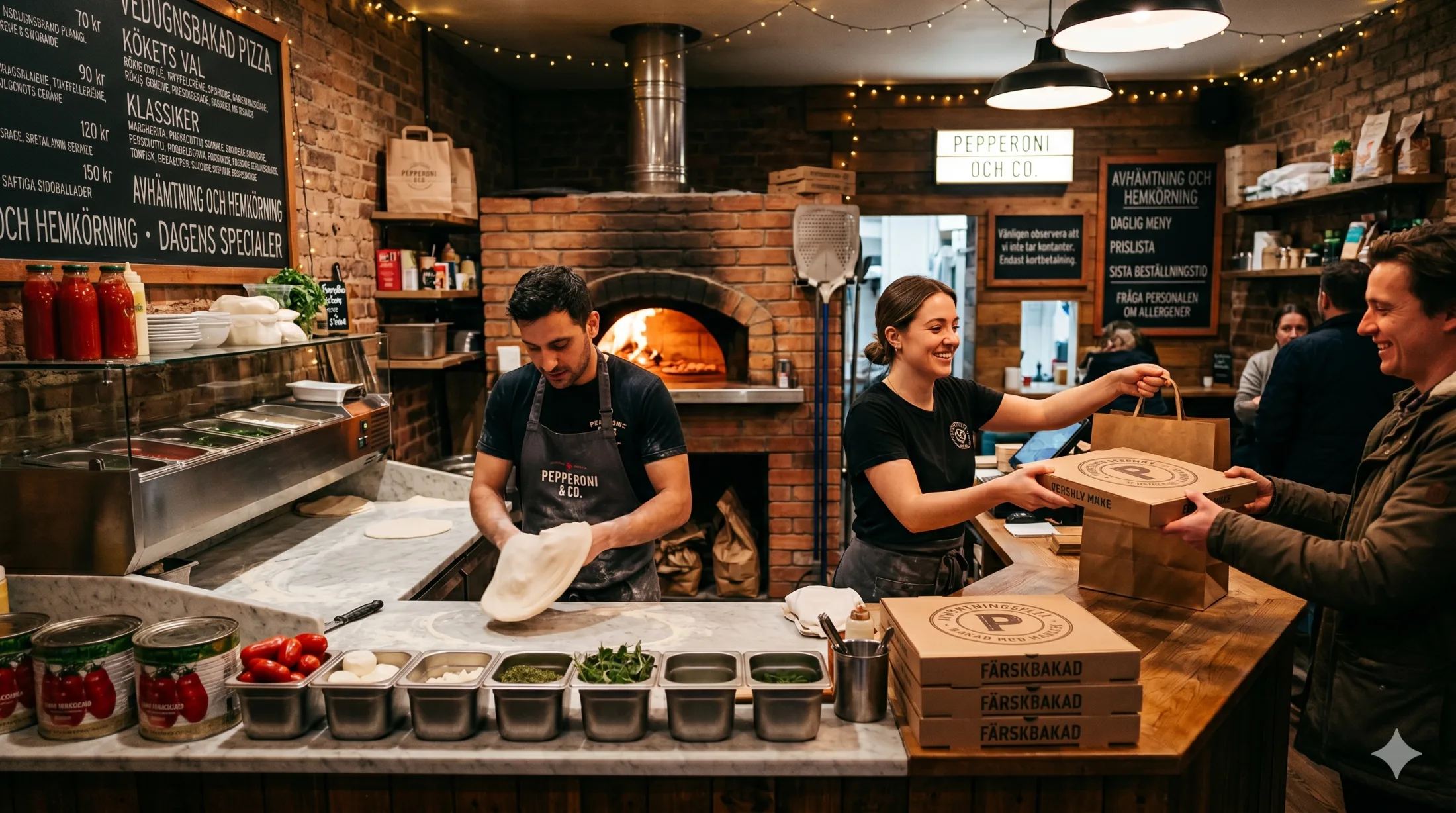 Pizzeria Rondellen — bakom disken med vedugnen i bakgrunden
